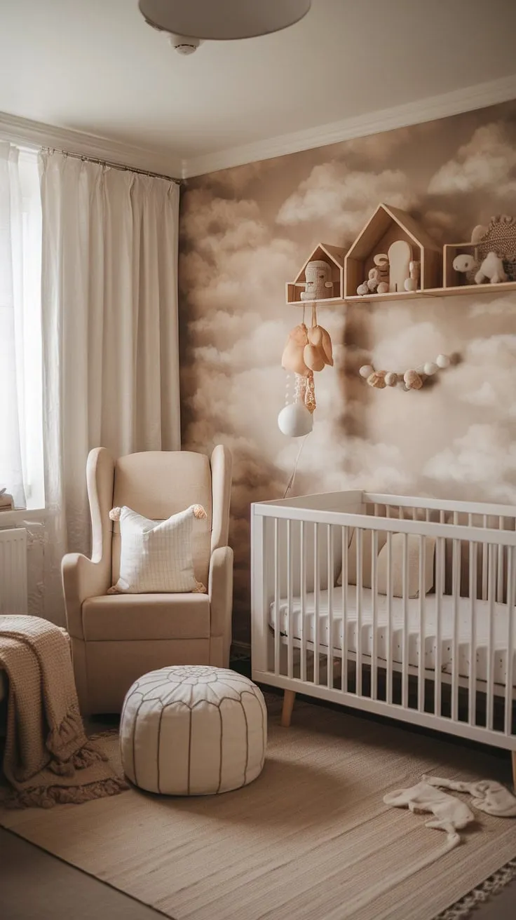 Welcome to a haven of calm: a newborn baby room design featuring cozy neutral nursery ideas. This bedroom nursery combo boasts clever nursery ideas clouds, creating a whimsical yet soothing atmosphere.  Explore these newborn room ideas boy or girl, with inspiring crib wall ideas and thoughtful details like the beige rug and ottoman.