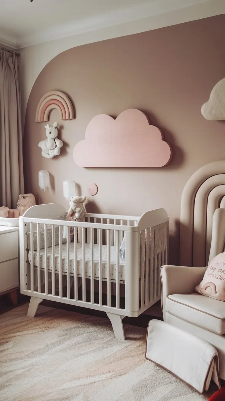 Welcome to a world of sweet dreams! This bedroom nursery combo is brimming with cozy neutral nursery ideas, perfect for a new arrival.  The nursery ideas clouds and rainbow wall art create a magical atmosphere, while the thoughtful newborn baby room design ensures a calming space for both baby and parents.  From the crib wall ideas to the overall baby girl nursery aesthetic, this room is a testament to the beauty of simplicity.  Explore these new baby room ideas and discover the perfect balance of style and comfort in baby room neutrals.