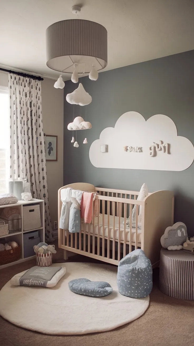 Dreamy clouds and soft hues create the perfect haven in this cozy neutral nursery, blending baby girl and newborn room ideas seamlessly.  This bedroom nursery combo showcases clever crib wall ideas and nursery wall ideas, offering inspiration for baby room neutrals and new baby room ideas.  The calming atmosphere makes it ideal for both a baby girl nursery and newborn room ideas boy.