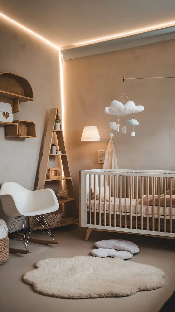 Dreamy neutral tones and soft textures create the perfect haven in this cozy bedroom nursery combo.  From the cloud mobile to the textured walls, every detail whispers serenity.  Perfect for a baby girl or boy, this space offers endless inspiration for new baby room ideas and crib wall ideas, showcasing the best in baby room neutrals and nursery ideas clouds.