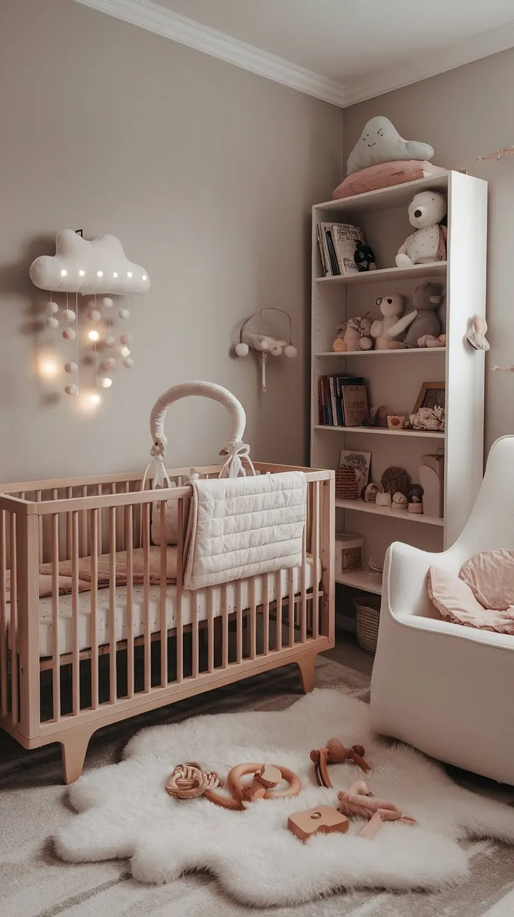 Dreamy serenity in this cozy neutral nursery, perfect for a little girl.  The bedroom nursery combo boasts calming baby room neutrals and clever crib wall ideas, showcasing our favorite nursery ideas clouds mobile.  Plenty of new baby room ideas and newborn room design inspiration here, from the fluffy rug to the thoughtfully curated bookshelf.  Explore cozy neutral nursery ideas for your own little one.