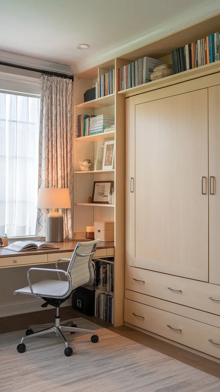 This guest room office boasts the ultimate space-saving solution: a Murphy bed office.  Enjoy a dedicated workspace during the day, then effortlessly transform it into a cozy guest bedroom at night.  This office guest room is the epitome of efficient design; be our guest and experience the magic.
