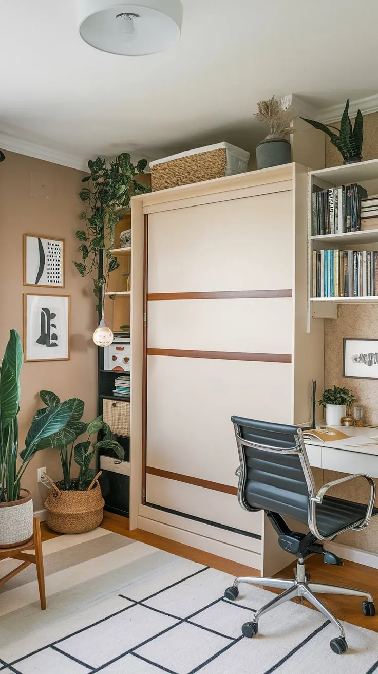 Maximize your space with this ingenious guest bedroom home office!  A murphy bed office solution provides the perfect blend of functionality and comfort. This office guest room offers a dedicated workspace and a comfortable guest bed—be our guest and experience the ultimate in space-saving design.