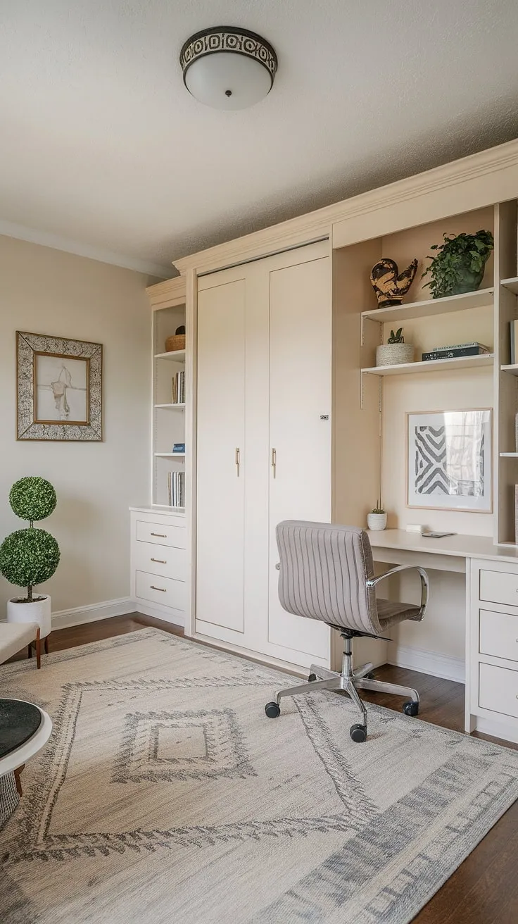 Need a guest room but also crave a dedicated home office? This guest room murphy bed solution is the answer.  This guest bedroom home office seamlessly transitions from a comfortable guest room to a productive workspace – be our guest and experience the ultimate in space-saving design.