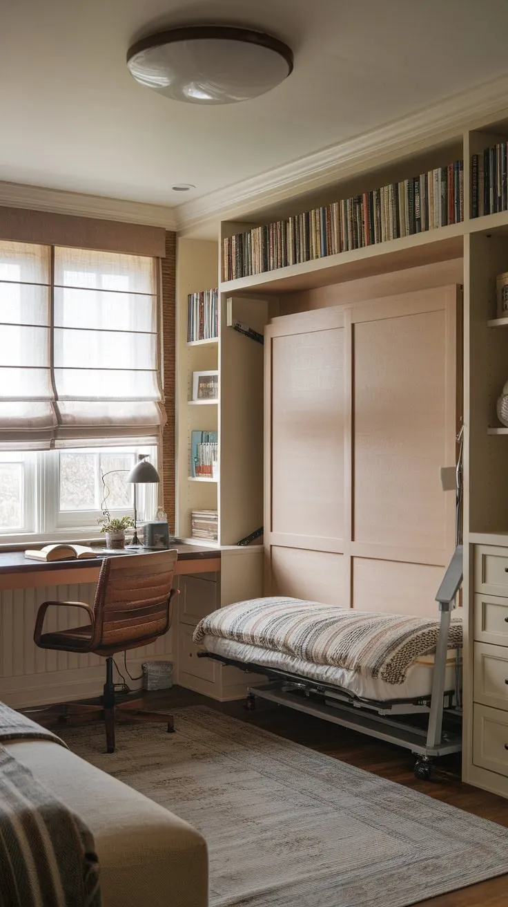 This cozy guest bedroom office seamlessly blends work and rest.  The clever murphy bed design maximizes space, transforming this office guest bedroom into a comfortable guest room in seconds. Be our guest!