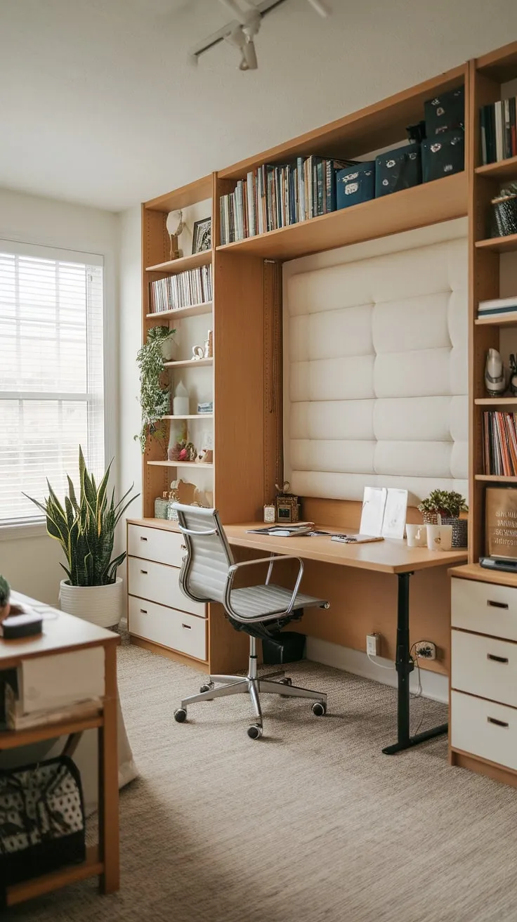 This guest bedroom home office seamlessly blends work and rest.  The clever murphy bed design maximizes space, transforming this office guest bedroom into a cozy guest room in seconds. Be our guest!