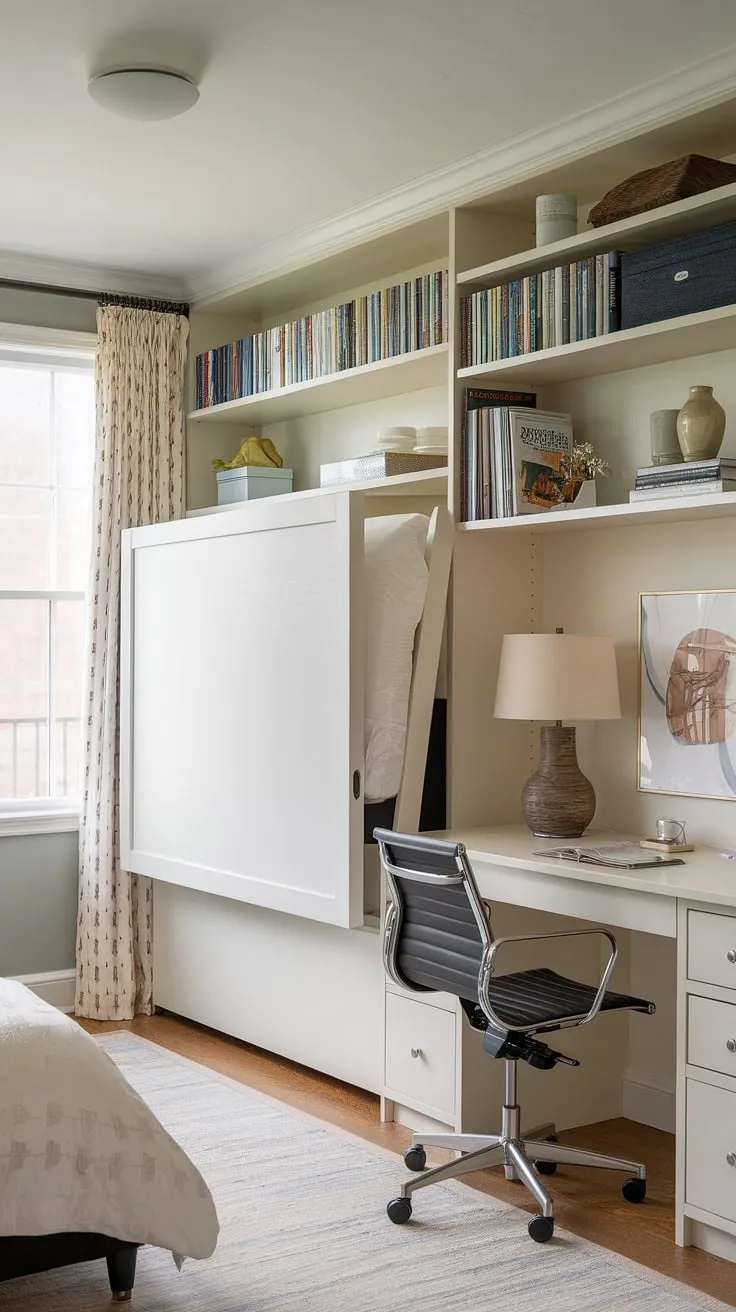 This guest room office seamlessly blends functionality and style.  The murphy bed cleverly conceals itself, transforming the space from a cozy guest bedroom into a productive home office—the perfect bedroom office combo. Be our guest!