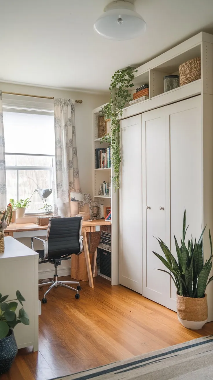 Work from home in style with this bedroom office combo.  A guest room murphy bed provides the perfect solution for a multi-functional space, offering both a productive office guest bedroom and a cozy guest room when needed. Be our guest and experience the ultimate in space-saving design.