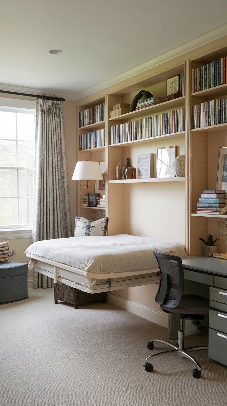 This guest room murphy bed cleverly transforms into a functional home office, seamlessly blending comfort and productivity.  A perfect example of a bedroom office combo, it's the ultimate guest bedroom home office – be our guest and experience the space-saving magic!