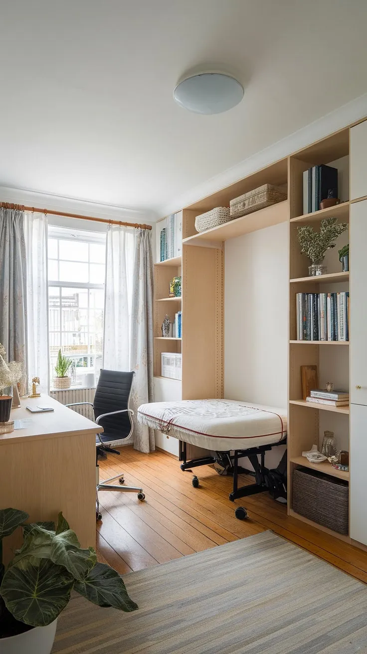 This multifunctional bedroom office combo boasts a stylish murphy bed, perfect for maximizing space and offering a comfortable guest room office when needed.  A guest room murphy bed solution that's both practical and aesthetically pleasing; be our guest.