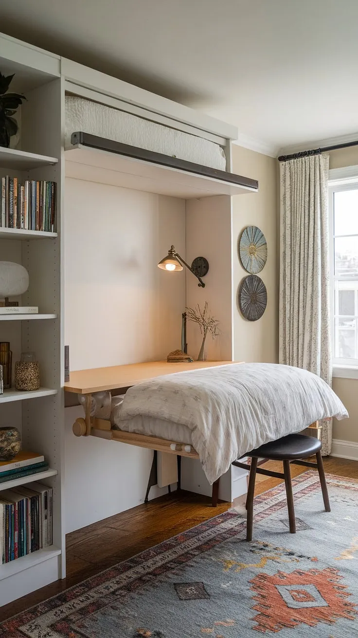 Transform your spare room into a stylish and functional guest bedroom office with this clever murphy bed office combo.  The perfect blend of comfort and productivity, it's ready to welcome guests and inspire work alike. Be our guest!