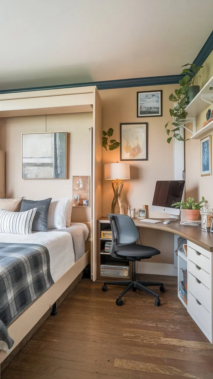 This bedroom office combo seamlessly blends work and rest.  The clever guest room murphy bed transforms from a comfy guest bed to a productive workspace during the day, making this office guest bedroom the ultimate space-saving solution. Be our guest!