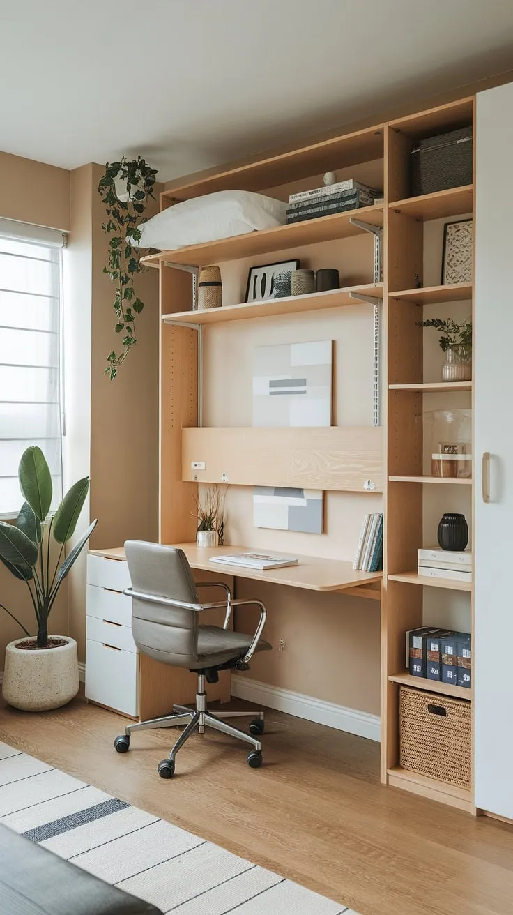 Transform your space with this ingenious bedroom office combo.  A guest room murphy bed seamlessly blends work and rest, creating a versatile guest bedroom home office perfect for overnight visitors and productive days. Be our guest!