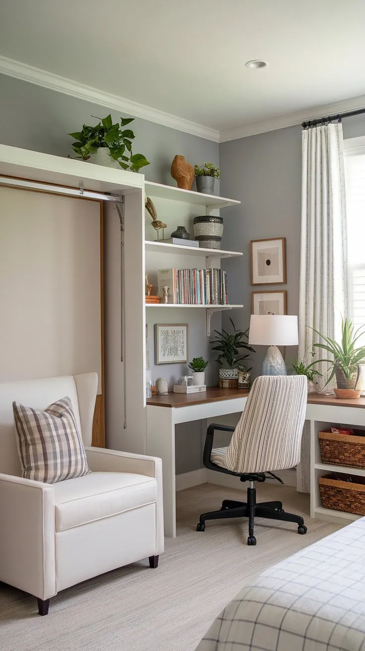 This bedroom office combo seamlessly blends work and rest.  A cleverly concealed guest room Murphy bed ensures comfortable accommodations for visitors, while the dedicated workspace provides a productive haven.  Be our guest—we've thought of everything.