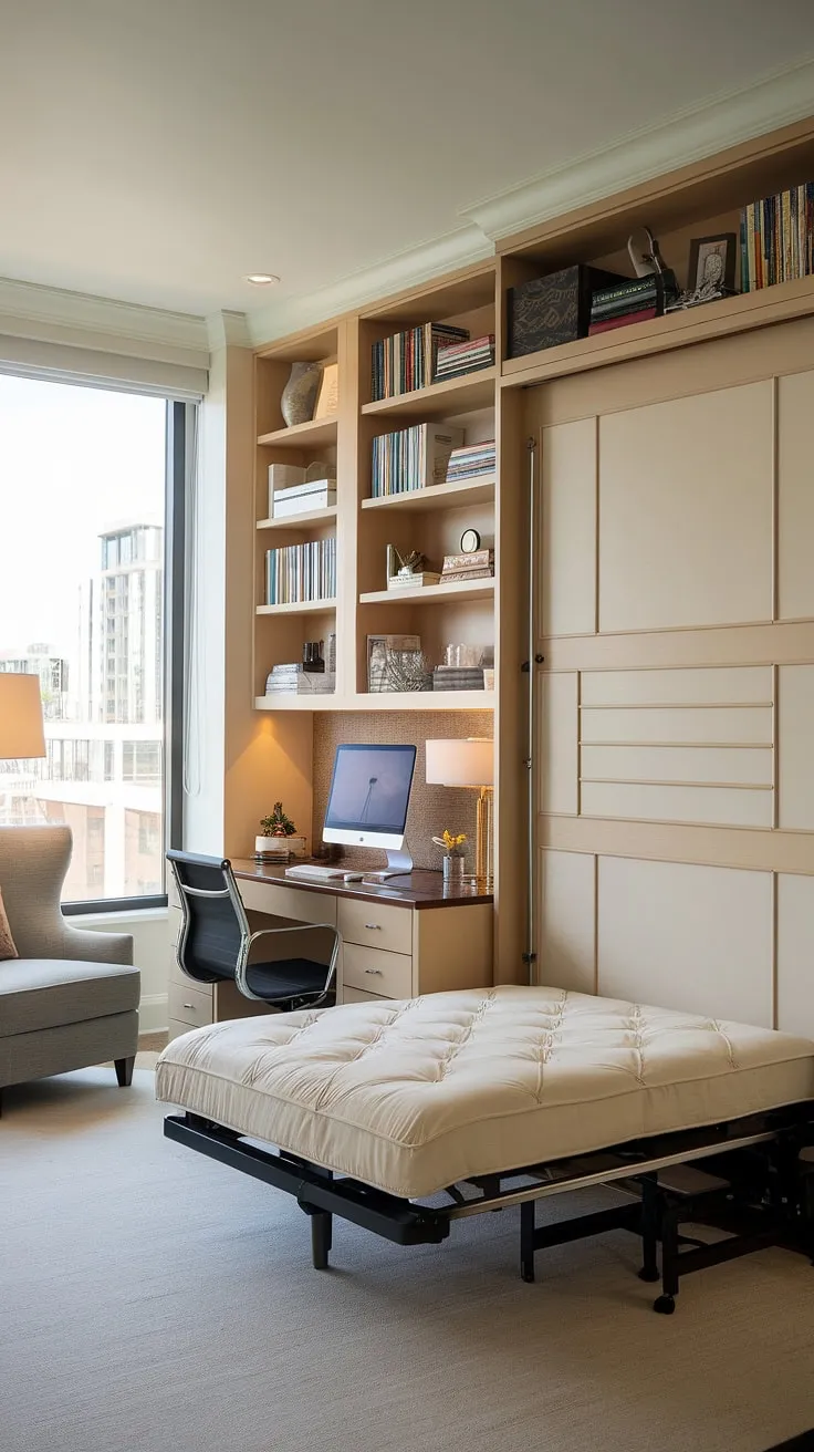 Maximize space and style in this bedroom office combo.  A guest room murphy bed provides the perfect solution for a functional and inviting office guest bedroom, ready to welcome guests anytime. Be our guest, and enjoy the city view!