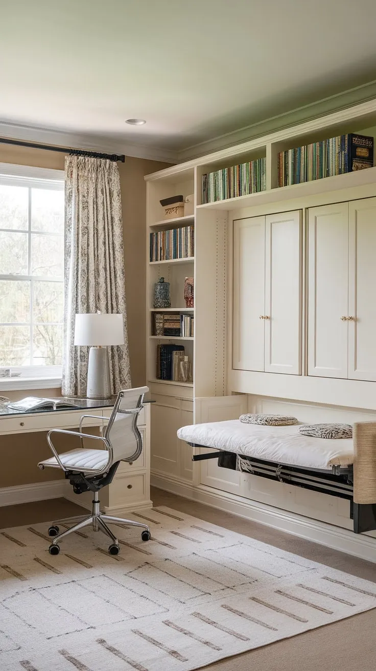 Transform your space with this ingenious bedroom office combo.  A cleverly concealed guest room Murphy bed maximizes functionality, creating a stylish guest bedroom home office that's perfect for work and relaxation. Be our guest!
