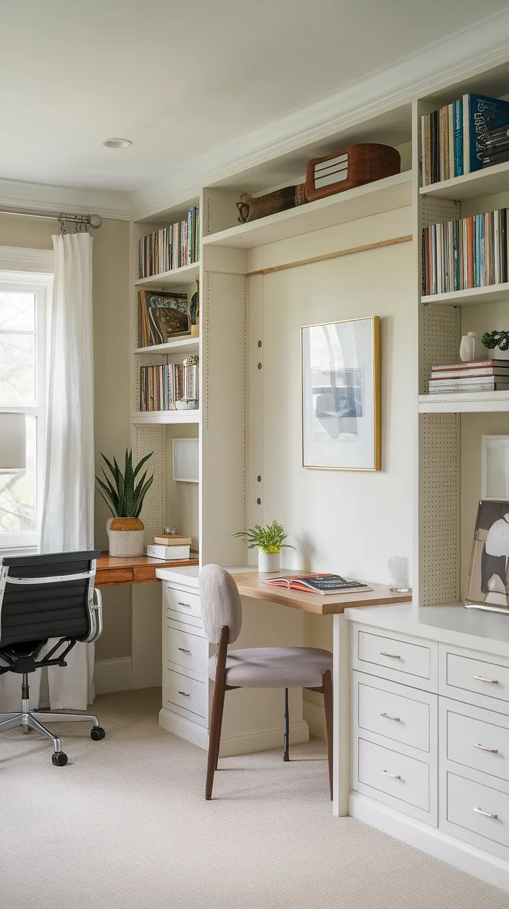 This guest room office seamlessly blends work and rest.  The clever murphy bed design maximizes space, transforming this guest bedroom home office into a cozy retreat for visitors, and a productive workspace when needed. Be our guest!