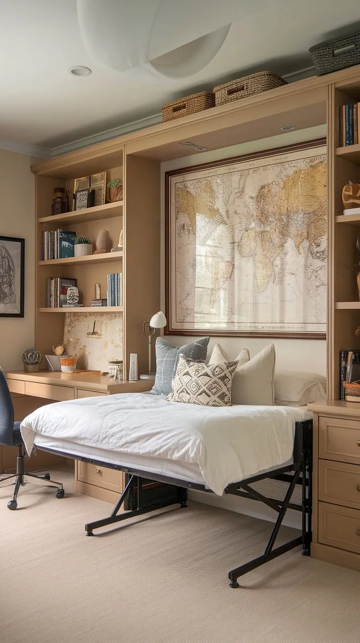 This cozy guest bedroom office seamlessly blends work and rest.  The clever murphy bed design maximizes space, transforming this office guest room into a comfortable sleeping area for overnight guests. Be our guest!