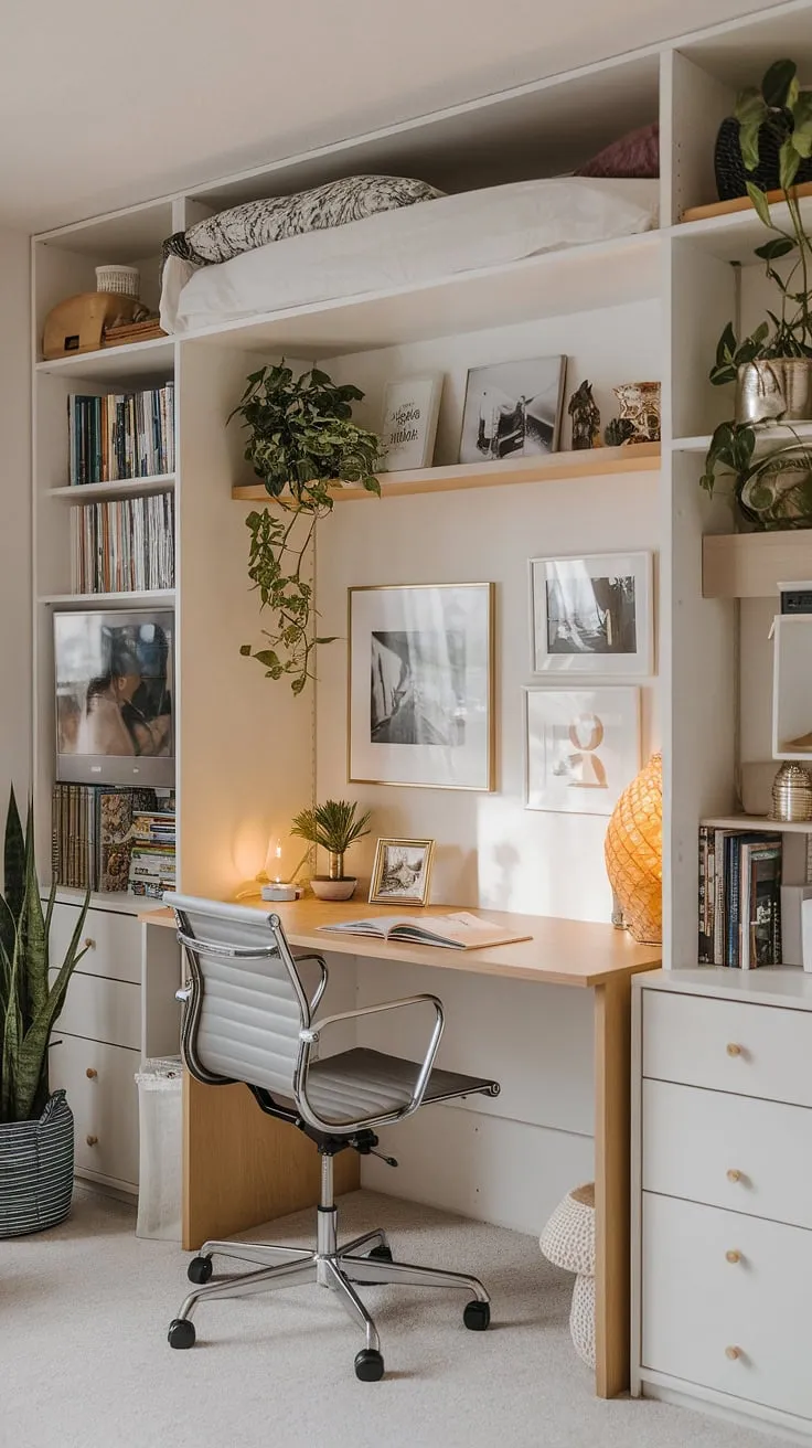 This cozy guest bedroom home office seamlessly blends work and rest.  The clever murphy bed office solution maximizes space, perfect for overnight guests or a quiet workspace. Be our guest!