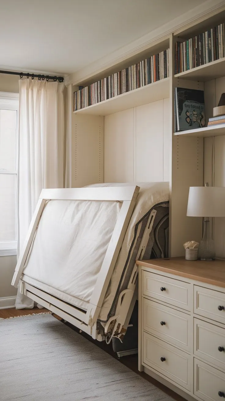 This guest room murphy bed cleverly transforms into a cozy bedroom or a productive office guest bedroom.  The perfect blend of bedroom office combo, offering both comfort and functionality for your guests. Be our guest and experience the ultimate in space-saving design.  This office guest room is a true marvel of multi-functional living.