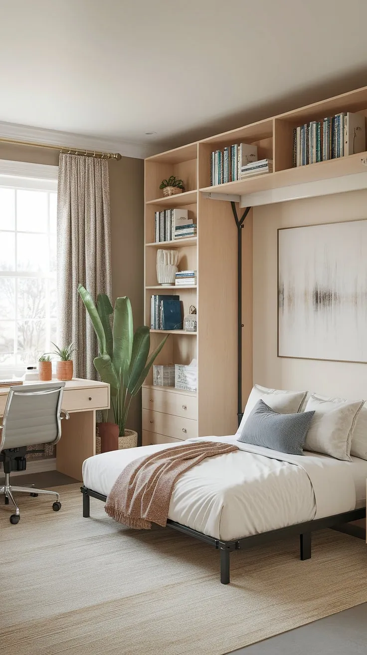 Work hard, sleep well. This office guest bedroom boasts a clever guest room Murphy bed solution, creating the ultimate guest room office.  The perfect blend of functionality and style for a guest bedroom office, or an office guest room—be our guest and experience the magic of this multifunctional space.