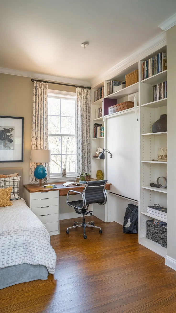 Transform your spare room into a versatile office guest bedroom. This murphy bed office setup proves that functionality and style can coexist beautifully.  A guest room Murphy bed provides the perfect blend of a dedicated workspace and comfortable guest accommodation. Be our guest and enjoy the ultimate in home office flexibility.