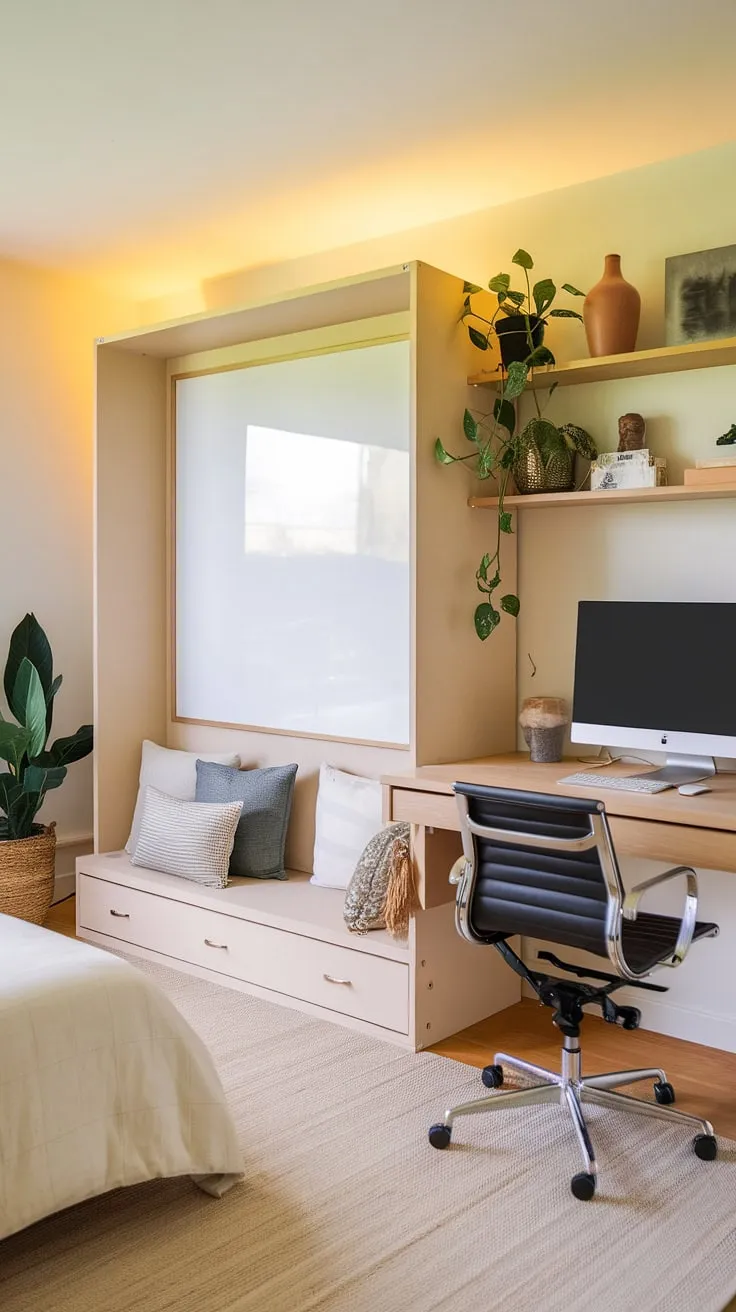 Be our guest and experience the versatility of this office guest bedroom.  A Murphy bed office solution provides a comfortable guest room and a productive workspace, all in one. This guest bedroom home office is the perfect blend of functionality and style.