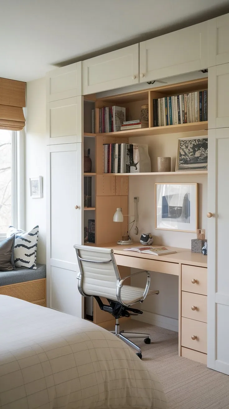 Transforming spaces, transforming lives. This guest room office seamlessly blends comfort and productivity, thanks to a clever murphy bed.  A bedroom office combo perfect for overnight guests, offering a cozy retreat and a functional workspace – be our guest!