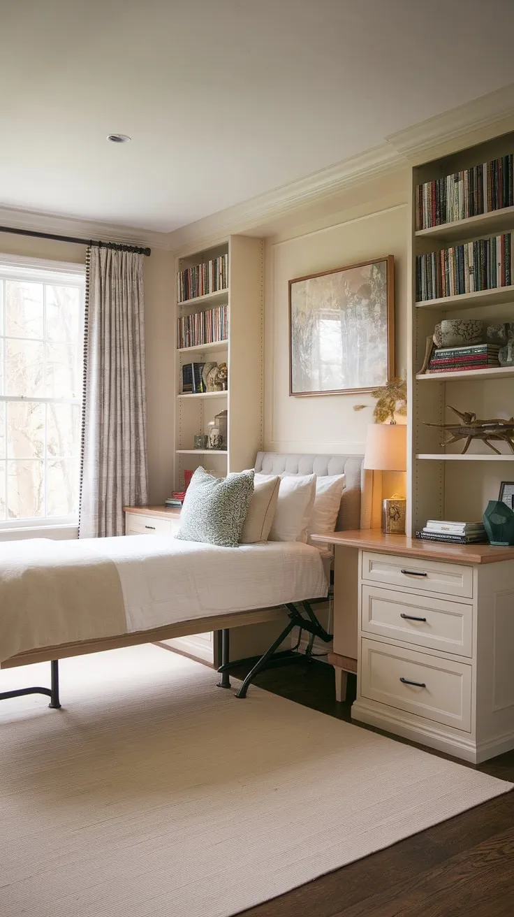 This cozy guest bedroom home office seamlessly blends comfort and functionality.  A clever murphy bed office solution maximizes space, perfect for overnight guests and productive work sessions. Be our guest!