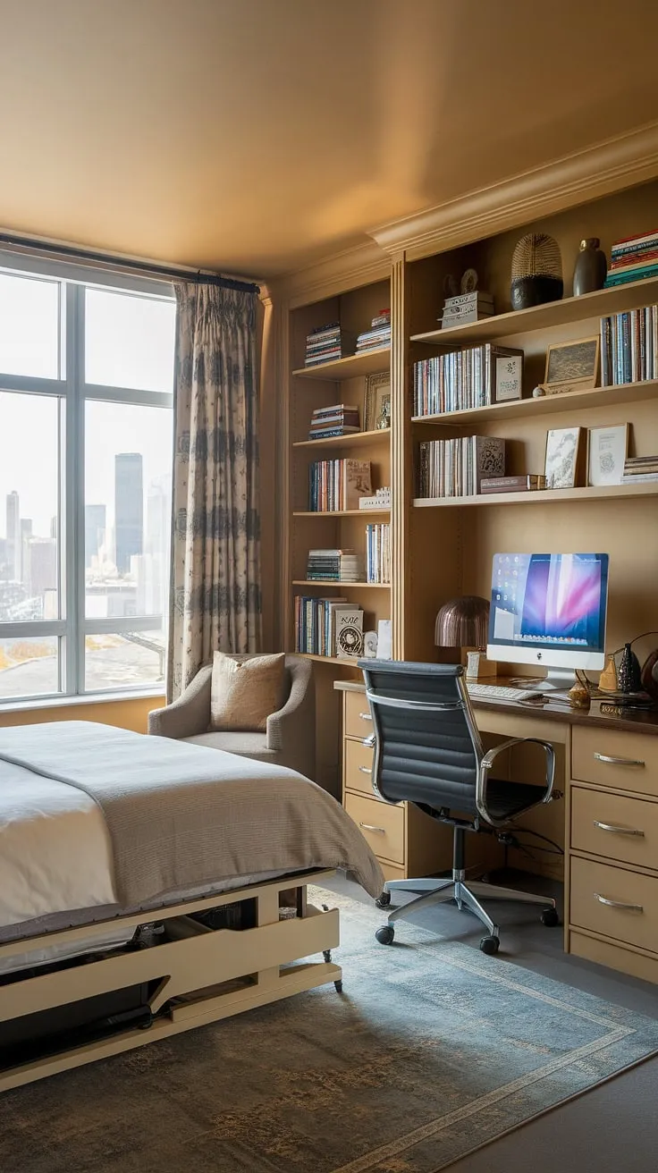 This guest bedroom home office seamlessly blends work and rest.  The murphy bed cleverly conceals itself, transforming the space from a productive office guest room to a cozy guest room office in an instant.  Be our guest, and enjoy the stunning city skyline views.