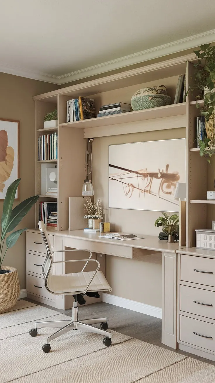 This bedroom office combo seamlessly blends work and rest.  The guest room murphy bed, tucked away during the day, transforms this space into a productive office guest bedroom, ready to welcome guests anytime. Be our guest!