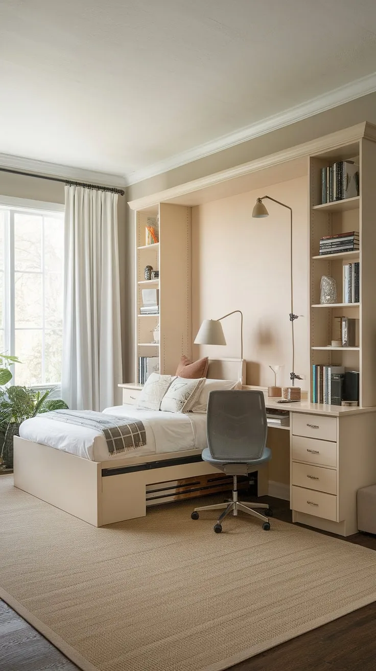 Maximize your space and welcome guests with this stunning guest bedroom home office.  The murphy bed office solution provides a comfortable guest room that effortlessly transitions into a productive workspace.  Be our guest and discover the versatility of this office guest room, a true testament to smart design.
