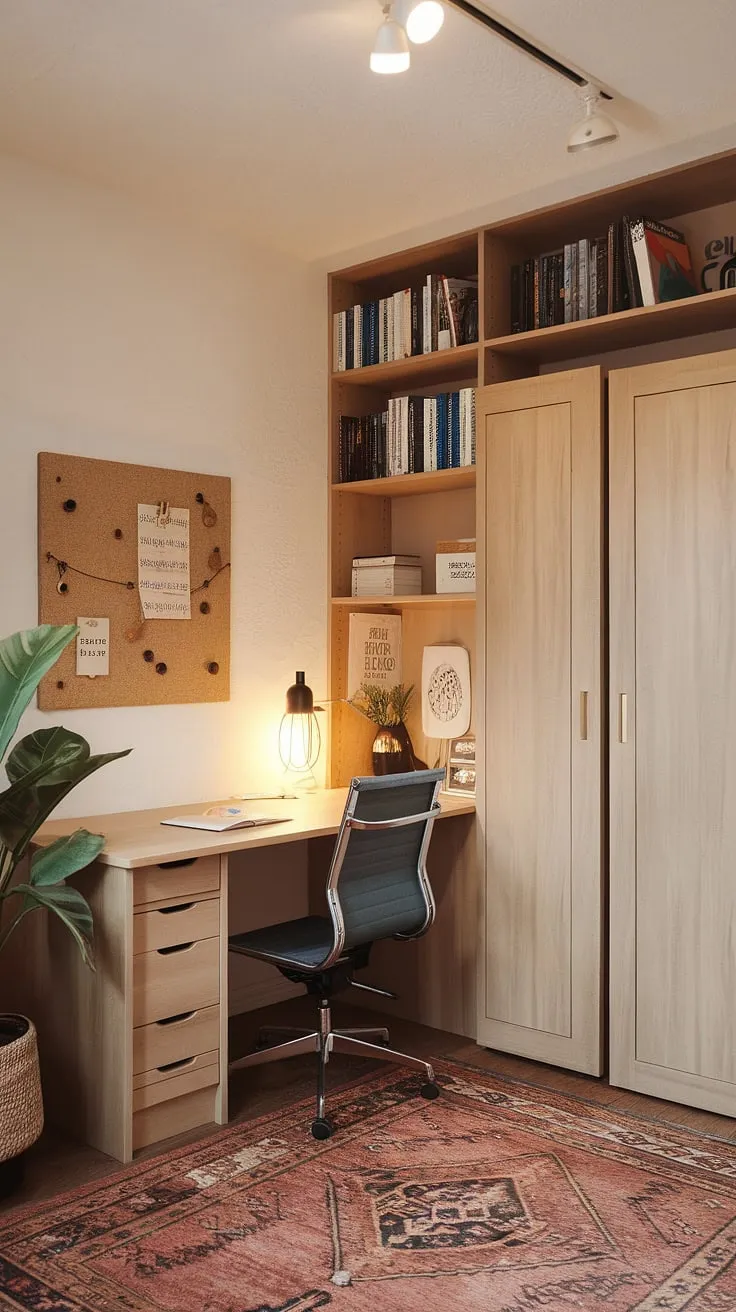 This bedroom office combo seamlessly blends work and rest.  The clever guest room Murphy bed, tucked away during the day, transforms this murphy bed office into a productive workspace.  A perfect guest bedroom home office, or office guest bedroom, ready to welcome guests with comfort and style. Be our guest!