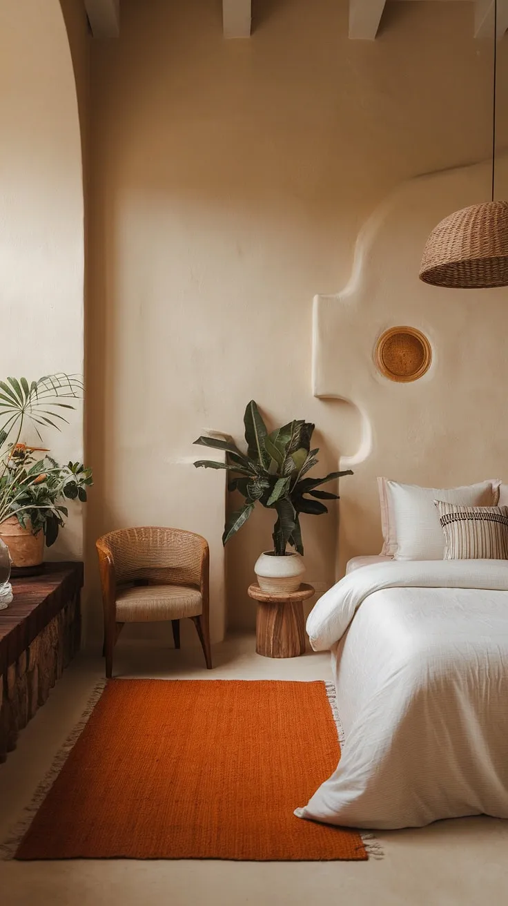 This classy bedroom's beige walls provide a neutral backdrop for the crisp white bed and a cheerful orange rug, creating a simple yet sophisticated space. The minimal furniture and strategically placed plants contribute to the overall aesthetic bedroom feel, making it the perfect room inspiration for anyone planning to redecorate bedroom. It's a beautiful example of interior design per la casa, ideal for those seeking a new bedroom with understated elegance.