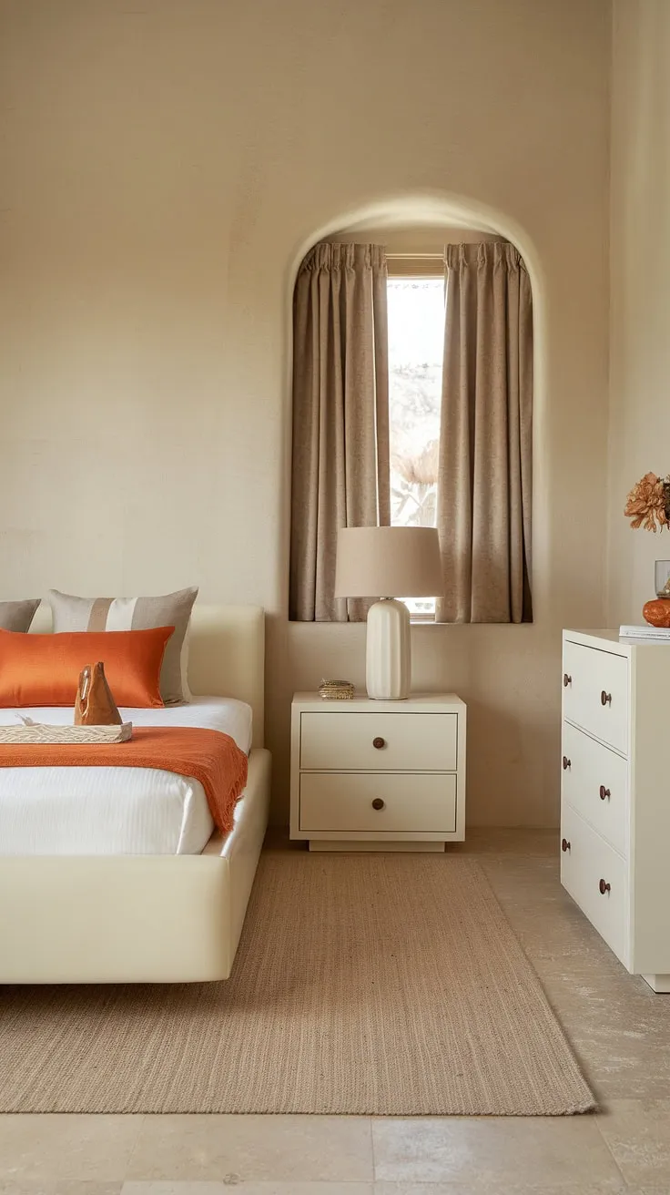 A classy bedroom, simply styled. This new bedroom features an orange accent, making it the perfect room inspiration bedroom for those looking to redecorate bedroom interiors. A perfect example of simple bedroom design and interior design per la casa.