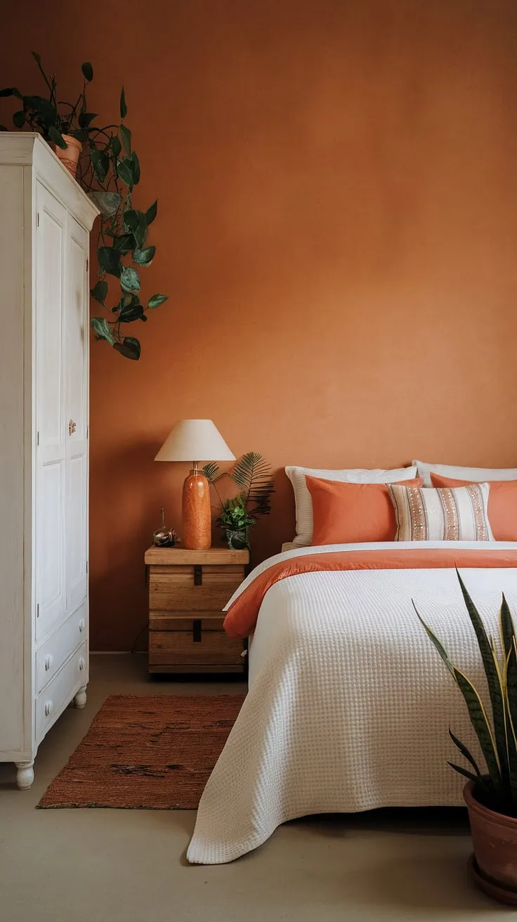 Redecorate your bedroom with this simple yet classy bedroom design. The orange walls and white accents create a warm and aesthetic bedroom, offering room inspiration for your new bedroom. Interior design per la casa made easy.