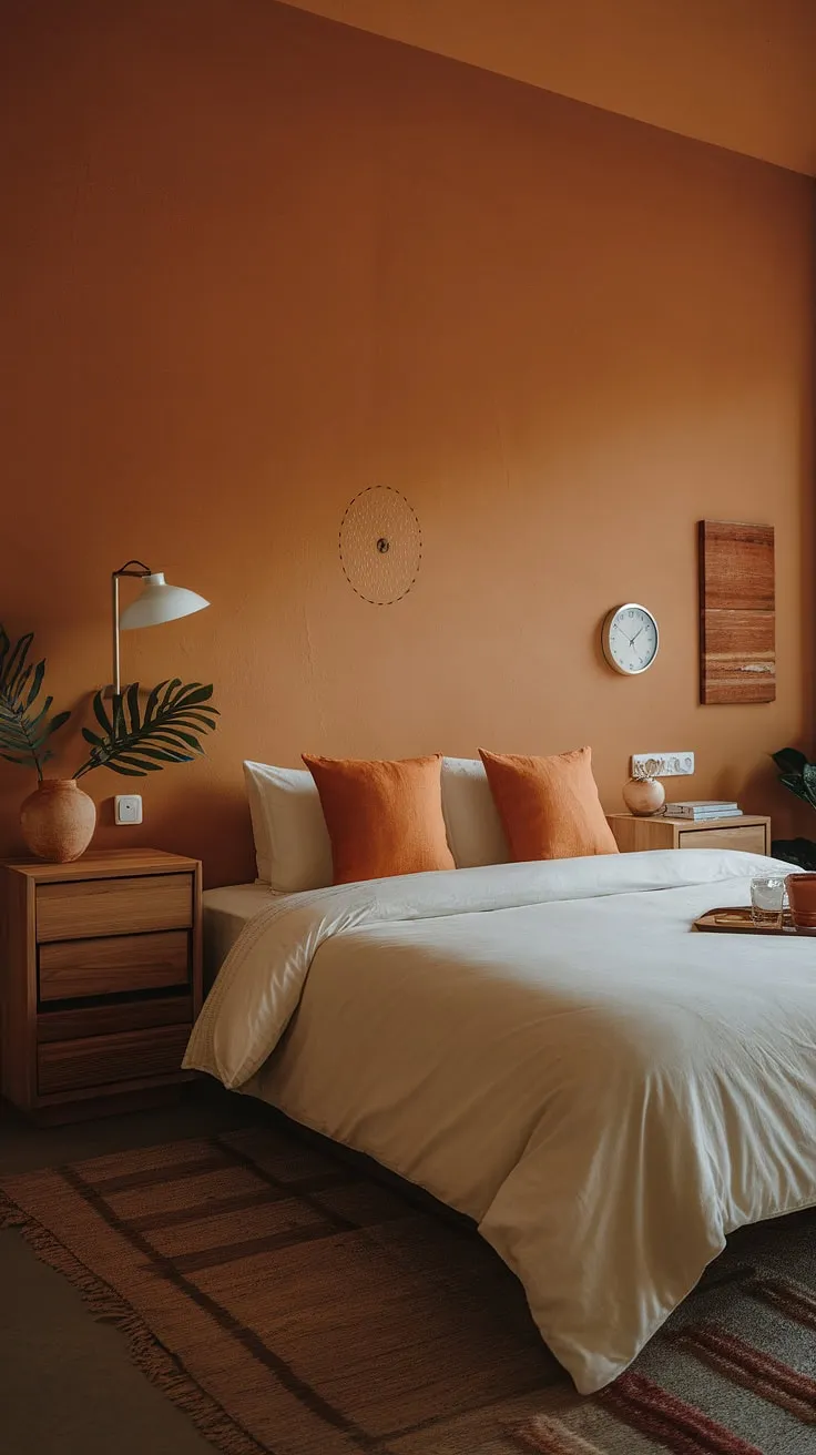 Warmth and style meet in this simple bedroom orange haven. Redecorate your bedroom with this aesthetic bedroom design; the perfect room inspiration bedroom for your new bedroom. Interior design per la casa at its finest.