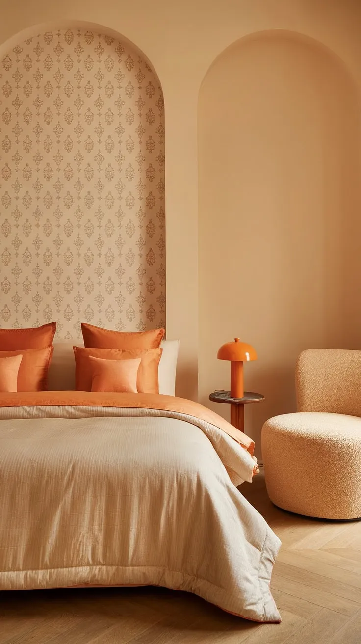 Warmth and sophistication meet in this classy bedroom. The simple aesthetic, featuring a beige and orange color scheme, creates a tranquil haven. A beige chair and small orange lamp add to the room's cozy charm, making it the perfect room inspiration for anyone looking to redecorate bedroom. This new bedroom showcases beautiful interior design per la casa.
