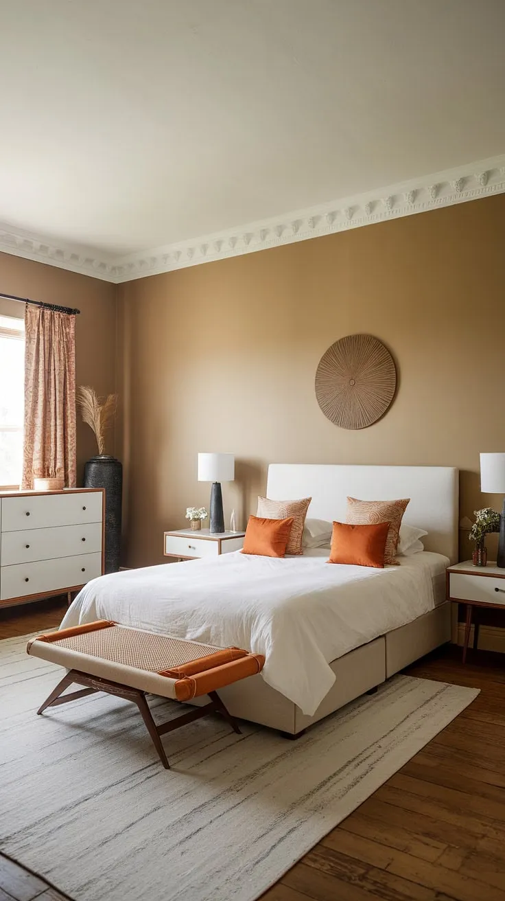 Orange accents elevate this simple bedroom's classy aesthetic, offering fresh room inspiration for your new bedroom or redecorate bedroom project. Interior design per la casa just got easier.