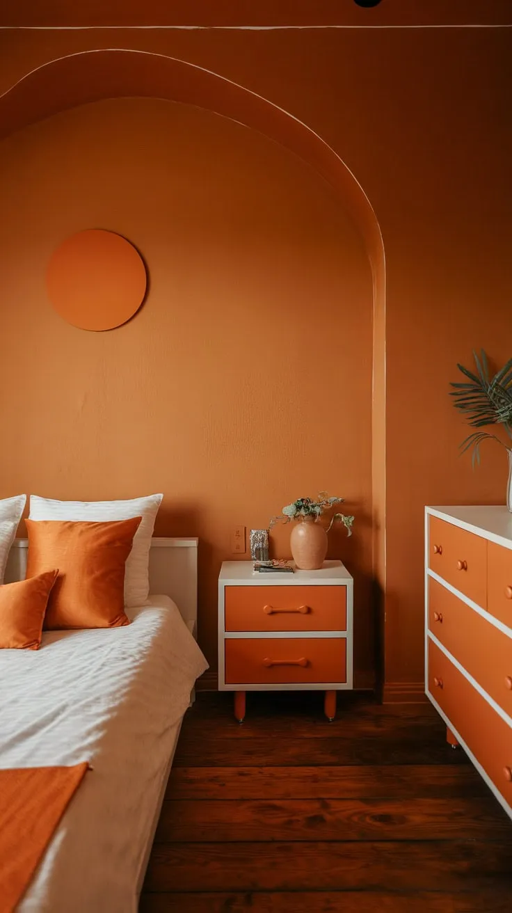 Redecorate your bedroom with this simple bedroom design. The orange theme creates a classy bedroom atmosphere, full of aesthetic appeal. This interior design per la casa uses a warm orange hue on the walls, complemented by white furniture and subtle orange accents. The result is a new bedroom that's both sophisticated and inviting, offering plenty of room inspiration.