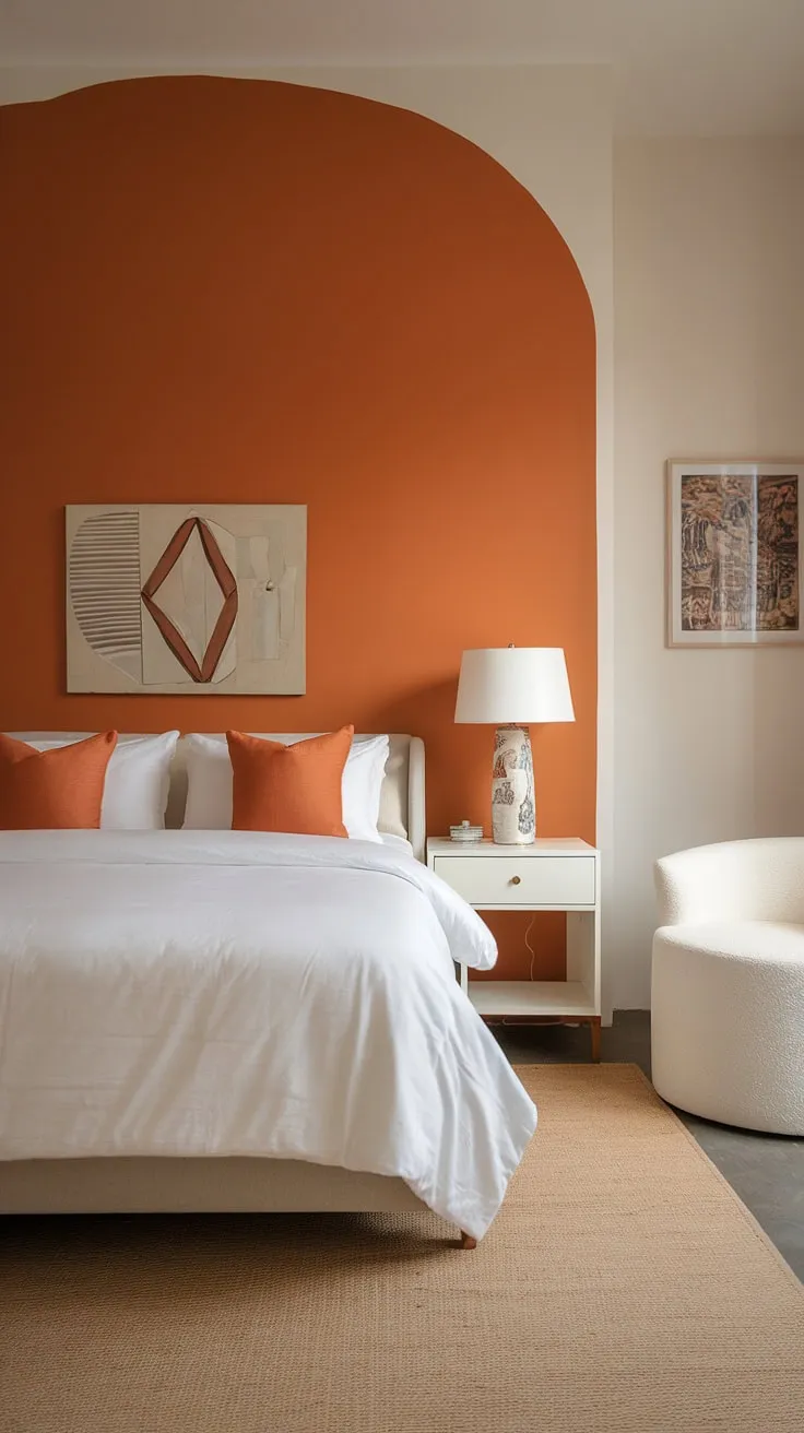 A new bedroom, simply stunning. This aesthetic bedroom features a classy bedroom design with an orange accent wall, perfect for redecorating and finding your room inspiration bedroom. Interior design per la casa at its finest.