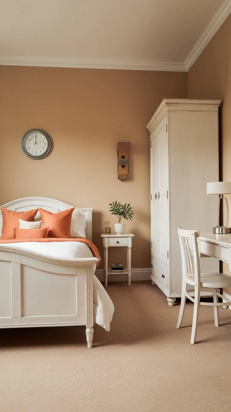 This aesthetic bedroom is a masterclass in simple bedroom design. The beige walls and carpet provide a neutral canvas for the white furniture, punctuated by the vibrant orange pillows on the bed. The overall effect is a classy bedroom that feels both sophisticated and inviting. This bedroom orange accent adds a pop of color without overwhelming the space. If you're looking for room inspiration bedroom for your new bedroom, or simply want to redecorate bedroom, this design offers a clean and calming starting point. This interior design per la casa is effortlessly chic.