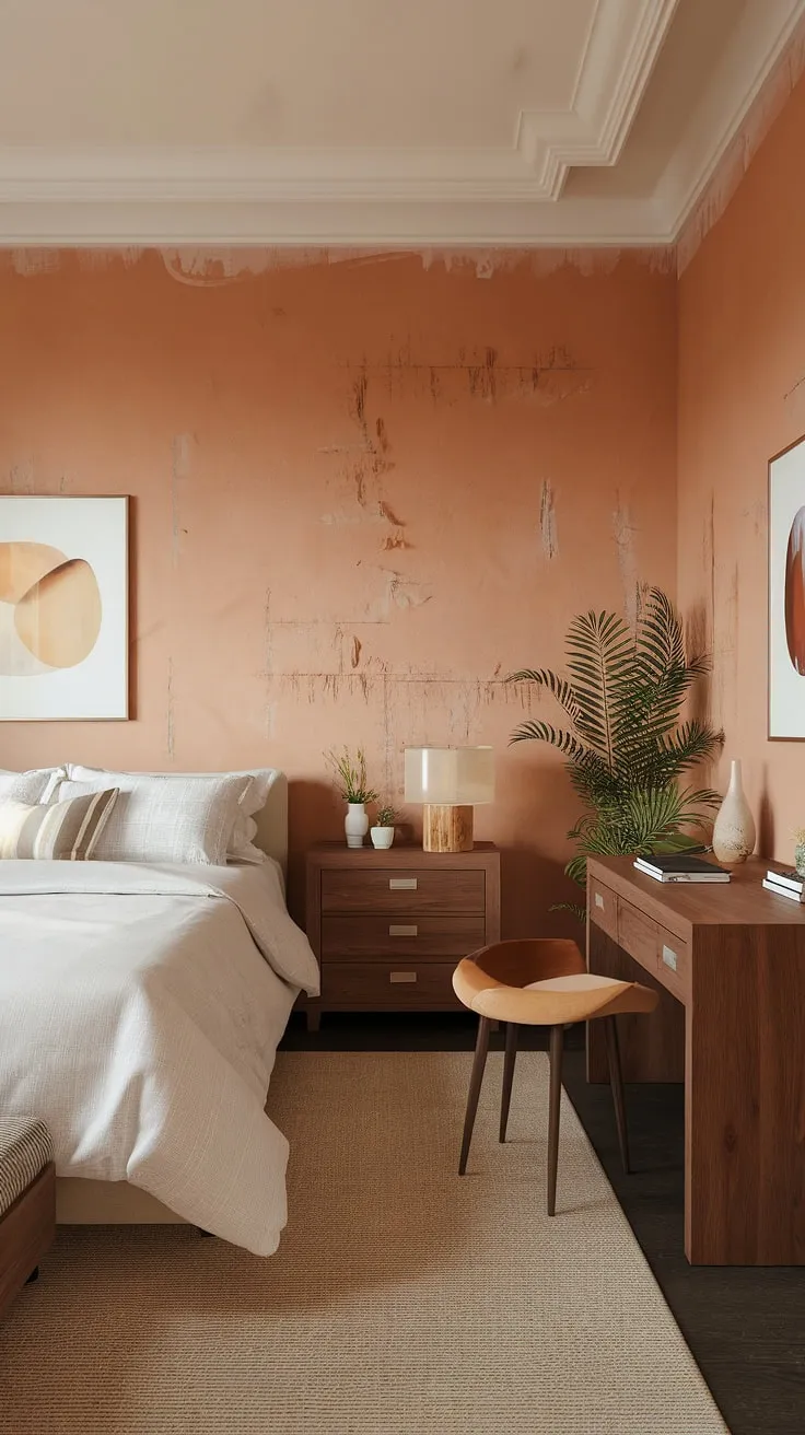 Warmth and sophistication meet in this new bedroom. The soft orange walls create a calming backdrop for the simple, classy furniture, making it the perfect room inspiration for your next redecorate bedroom project. This aesthetic bedroom showcases the beauty of understated elegance with its wooden nightstand and desk, and the white bedding adds a touch of freshness. A perfect example of interior design per la casa, this simple bedroom is a testament to less is more.