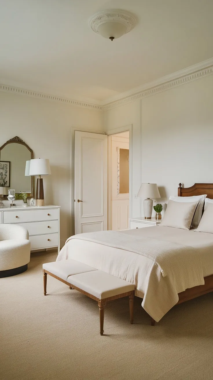 This simple bedroom, with its beige carpet and white walls, offers a classy aesthetic. The wooden bed, draped in a beige blanket, and the white dresser with its accompanying mirror create a calming atmosphere. A touch of orange could easily be incorporated to add warmth, making this room inspiration perfect for redecorating your new bedroom. This interior design per la casa is a testament to less-is-more, proving that a classy bedroom doesn't need to be complicated.