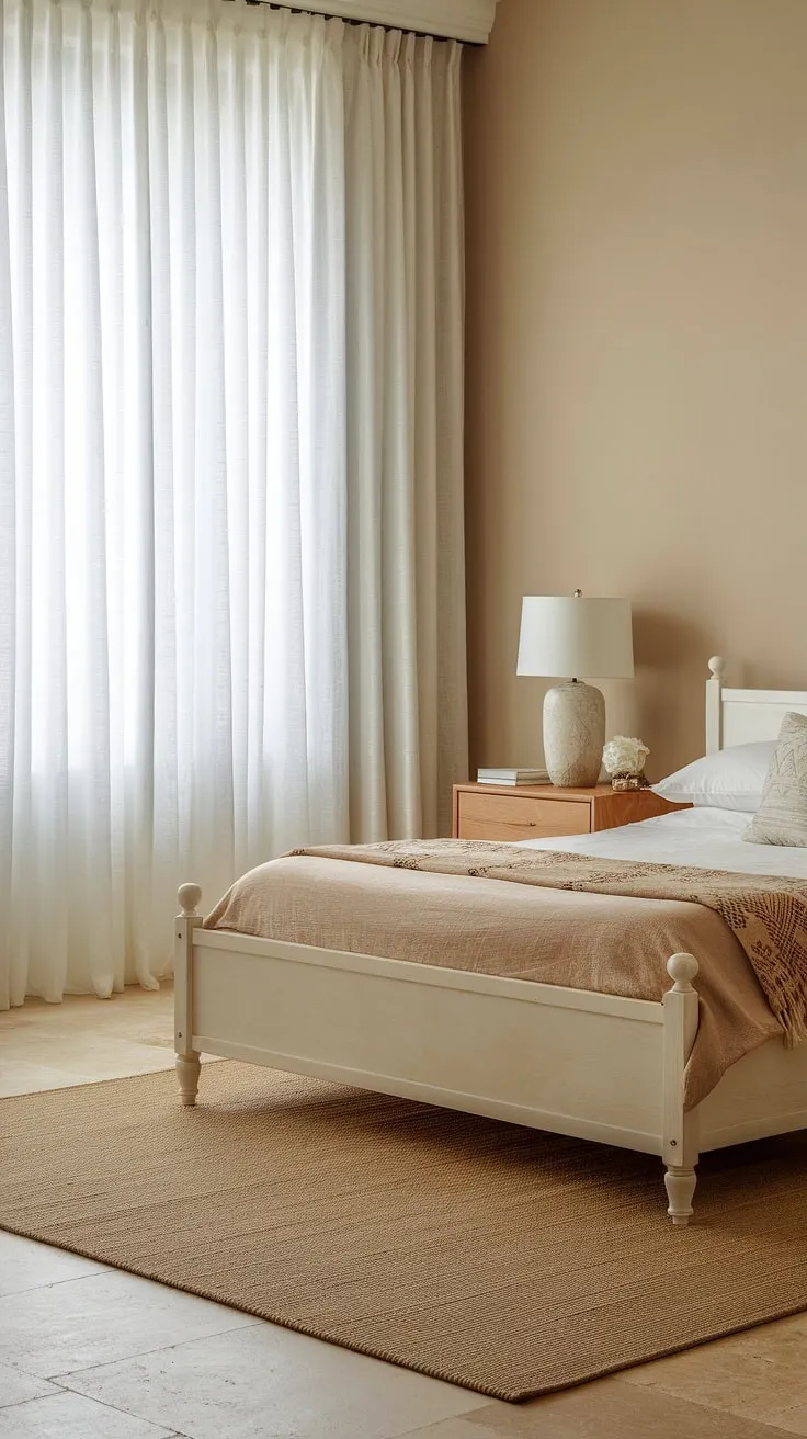 Redecorate your bedroom with this classy bedroom design. The simple aesthetic features a white wooden bed, beige rug, and a large window, creating a bright and airy feel. The subtle orange tones add a touch of warmth to this aesthetic bedroom, making it the perfect room inspiration for your new bedroom. This interior design per la casa is both calming and sophisticated.