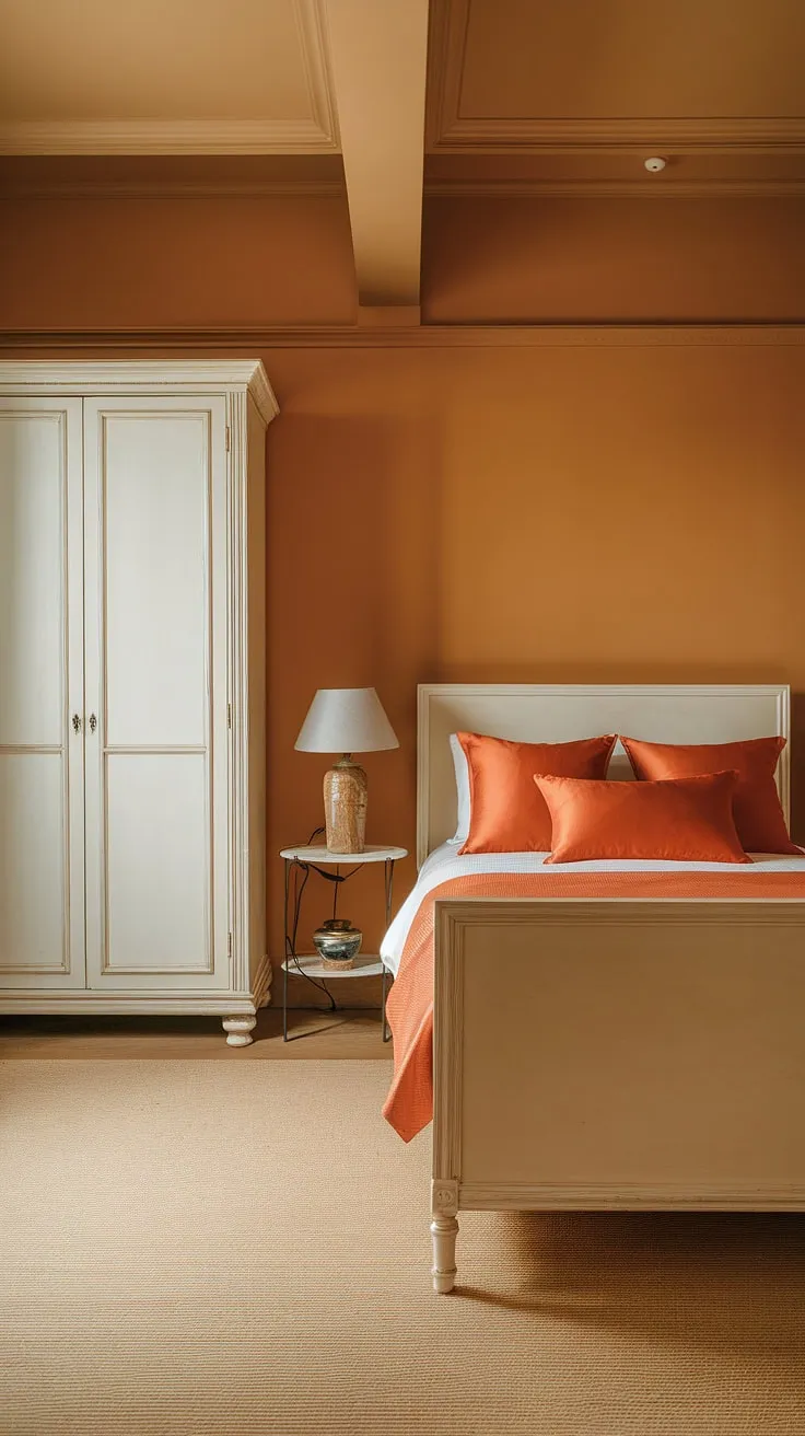 Bathed in a warm orange hue, this classy bedroom offers a simple yet aesthetic retreat. The white bed, accented with orange pillows, and crisp white wardrobe create a calming space perfect for rest and relaxation. A small bedside table with a lamp adds a touch of practicality. This room inspiration bedroom showcases the beauty of minimalist interior design per la casa, making it ideal if you're looking to redecorate bedroom and create a new bedroom that feels both sophisticated and serene.