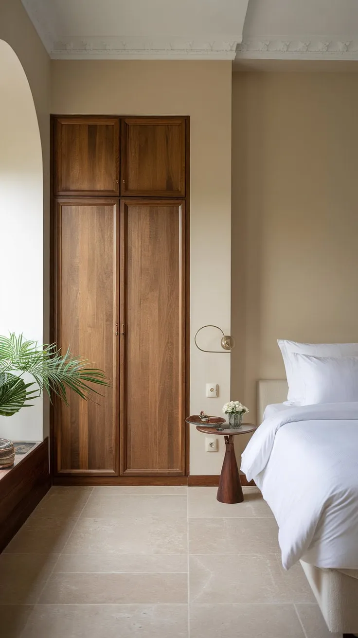 Soft lighting bathes this simple bedroom in a calming glow. The beige walls, white bed, and wooden wardrobe create a classy bedroom aesthetic, perfect for a restful night's sleep. A small plant adds a touch of life near the window, completing this room inspiration bedroom. This interior design per la casa showcases how to redecorate bedroom space with a minimalist approach, transforming a new bedroom into a tranquil haven.