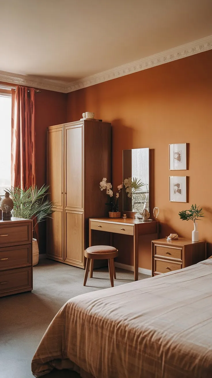 This aesthetic bedroom showcases a simple layout and classy design, perfect for those seeking room inspiration bedroom. The orange walls create a warm and inviting atmosphere, complemented by the natural wood furniture. Redecorate bedroom with this elegant style, featuring a bed, nightstand, dressing table, and wardrobe. This new bedroom is a testament to thoughtful interior design per la casa.