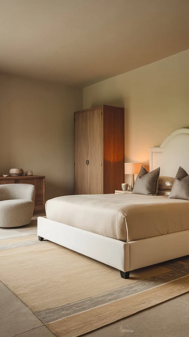 This aesthetic bedroom is a masterclass in understated luxury. The neutral palette of beige and grey creates a classy bedroom feel, while the simple design allows the warm lighting to shine. Redecorate bedroom with this room inspiration bedroom in mind – a white bed frame, beige sheets, and a grey chair add comfort and style. The beige and grey area rug grounds the space, and the wooden cabinet adds a touch of warmth. Consider this your new bedroom, a perfect example of interior design per la casa.