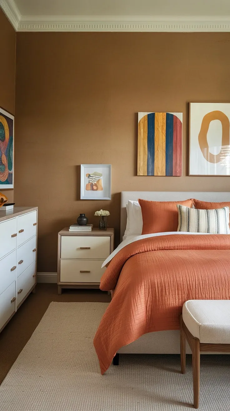 A burst of warmth in a simple bedroom. This aesthetic bedroom orange scheme is the perfect room inspiration for anyone looking to redecorate their bedroom and create a classy bedroom interior design per la casa.